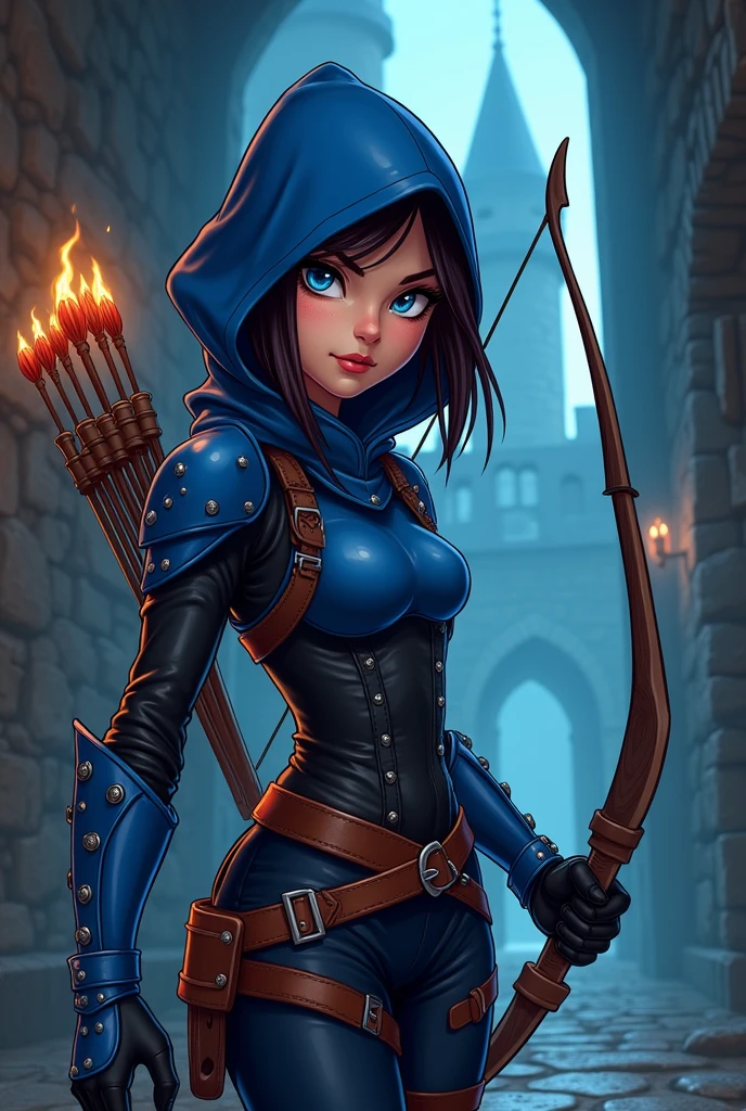 The spy girl, combat bow, quiver of arrows, blue leather armor, black leather corset, gloves, Hood, Leather belt, Blue eyes, cartoon, dark corridor of the castle, Middle Ages