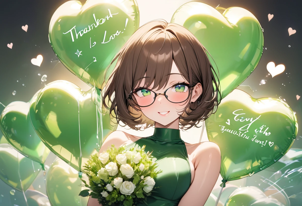 (background font "Thankyou"), (pov, solo:2 32yo) (detailed bob) (sexy beautiful brown hair short hair), (best beauty woman) (immensely sexy green eyes, glasses) (ecstasy smile) (glossy lip) (medium:1.4 tits), in a best cute green elegant adult dress with double exposure:1.2 water and love hearts, break, hand holding a beautiful detailed big bouquet, break, in the Ceremony venue, ((background font is "MB")), BREAK, perfect anatomy, masterpiece, best quality, 16k, beautiful detailed thanks, daydreaming expression.