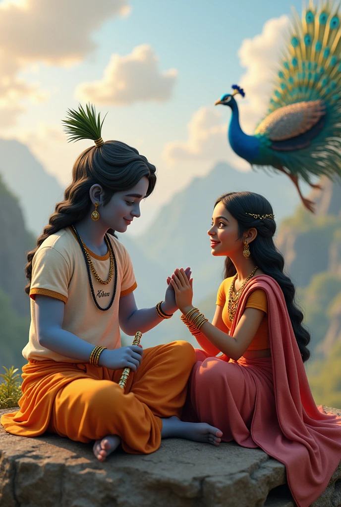 create a 3d image of 20year old Indian devotional girl who is sitting next to krishna ji and Krishna ji playing the flute, they both sit together on the mountain,boy wearing T-shirt Name "sandhya" written on it, heaven like beautiful view background, peacock dancing,realistic image and boy is in barefoot.