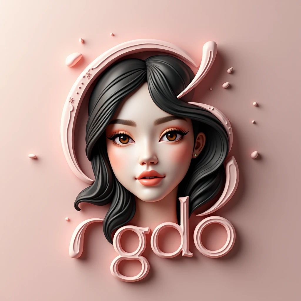A captivating 3D logo for a makeup artist, where the initials 'RGDO' are intricately intertwined to form the negative space, revealing a young woman's face in subtle, elegant detail. The face features delicate eyes, lips, and flowing hair, all rendered in a soft pink, gold, and black color scheme. The 3D effect adds depth and realism, while the glossy and metallic finishes create a luxurious, high-end aesthetic. The logo symbolizes elegance, beauty, and artistry, encapsulating the essence of premium makeup design.