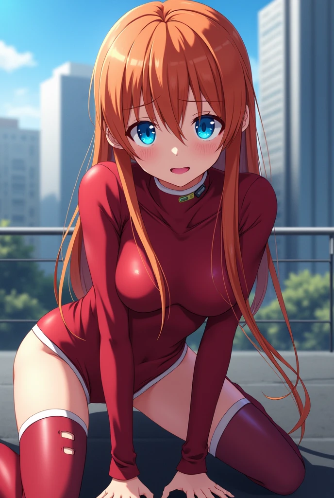 Tomorrow Shang Langeri, Asuka Langley Soryu, Blue eyes, hair between eye, Headgear, Interface headset, Orange hair,
Break the tights without underwear, Long sleeves, Manteau, red leotard, nipples,showing camel toe, badly defeated, injured, embarrassed emotion,
BREAK outdoors, City,
BREAK looking at viewer, Break (Masterpiece:1.2), Best quality, high resolution, Unity 8k wallpaper, (illustration:0.8), (Beautiful detailed eyes:1.6), Extremely detailed face, Perfect lighting, Extremely detailed CG, (Perfect hands, Perfect anatomy),
