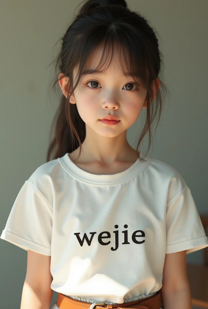 Girl, real photography, natural light, (best quality, 8K, masterpiece: 1.3), ultra-high resolution, (photo realistic style: 1.4), wearing a white T-shirt, brown belt, with the Chinese word "Weijie" written on the clothes