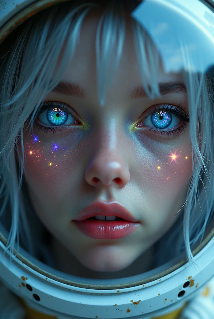 (Close-up of a better masterpiece: 1.5) 0.9], (Space and astronauts: 1.2) (Disheveled silver hair: 1.1) (Xanthochromia heterochromia and blue eyes: 1.2) (space helmet: 1.0) (colorful stars in the eyes: 1.0) (A radiant glow: 1.1) (thick lips: 0.9)