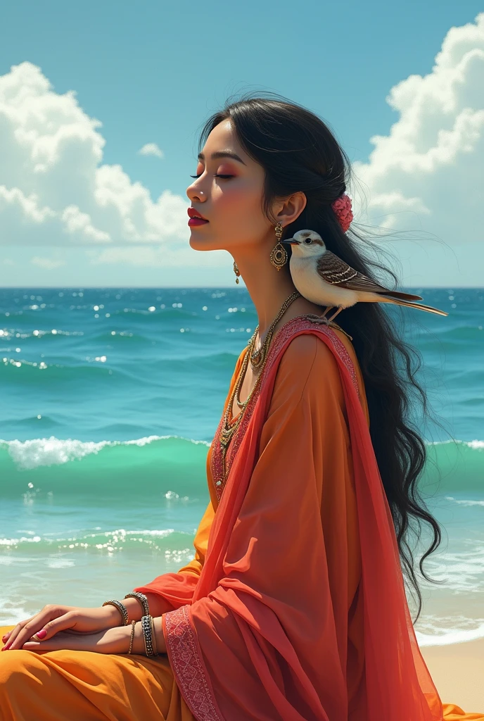 A beautiful desi gril sitting on a Sea and an sparrow sitting on her shoulder 
