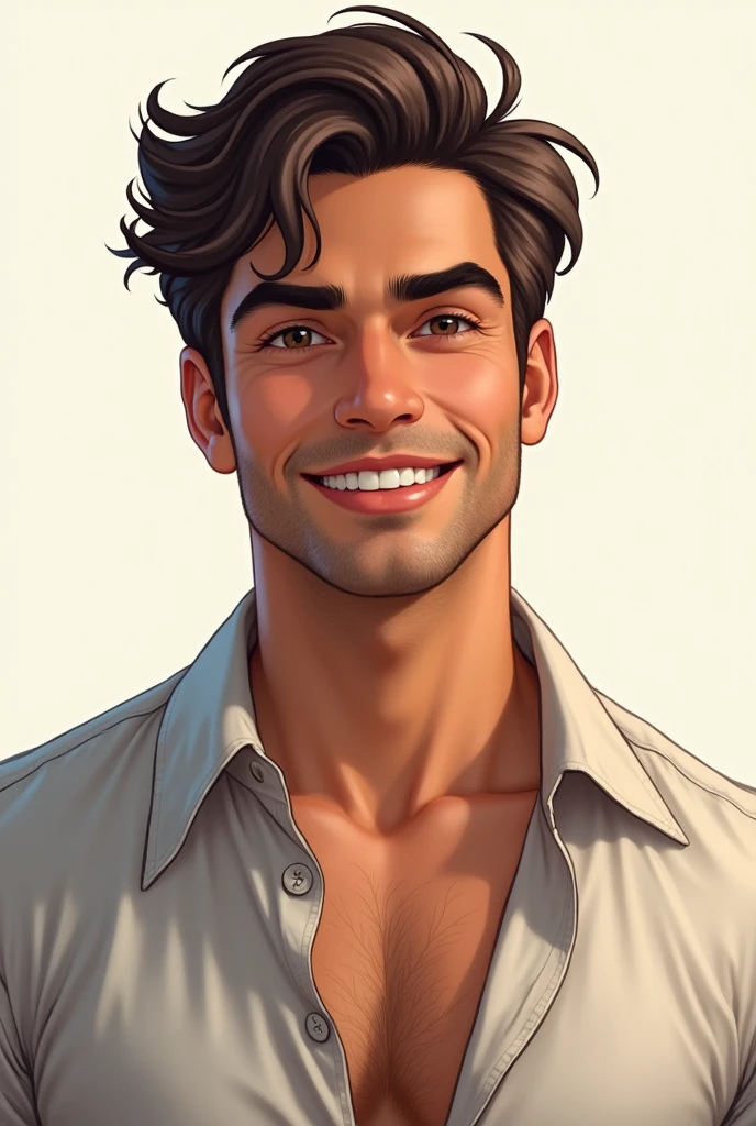 Charming man's avatar could be a strong, yet gentle, illustration of a man with a subtle smile and piercing eyes, representing his bold and compassionate nature. Open shirt buttons 