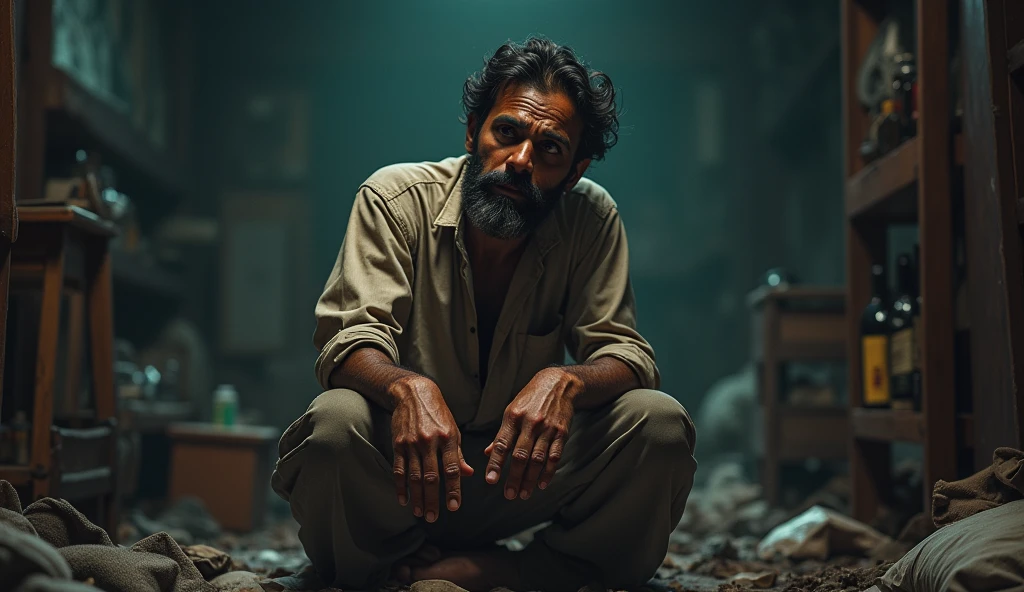 An Indian drunk man sitting on the ground indoors talking alone