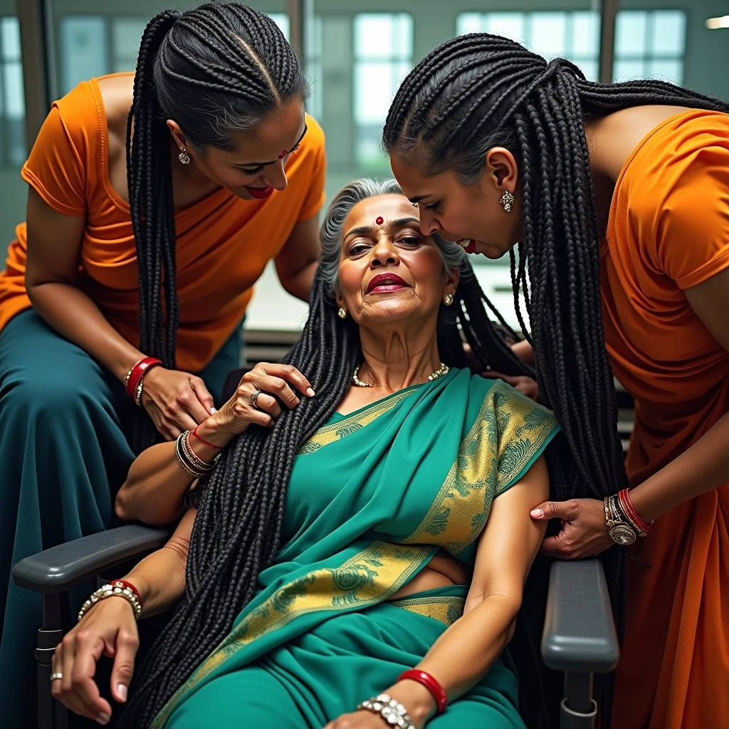 In india modern office,total 3 india eldery ladies involving and licking their hairs of each others wildly,First 60 years old eldery indian lady kneeled with her oil smeared conrowed braided hair wears saree with out blouse,Second 60 years old lady from behind to kneeled lady with her oil smeared conrow braided hair wildy raping kneeled lady' head scalp with her tongue wearing wrap saree revealing her upper saggy breast exposed, Third 60 years old eldery with her cean scalp super conrow braided hair raping kneeled lady' scalp exposing one single breast revealing ,these three ladies are with dress in as per detsiled prompt here,all four of them,with their hairs respectively colors for the marure ladies and eldery lady hairs in as per image prompt,their long,meticulaiursly suler conrowed braided hairs shining ,red lipsstick,natural tongues pulled out,licking the eldery lady' hair by other eldery with conrowed hairs like she is being raped excat in image,These all three ladies' faces are with showing full of sexual wildness showing out from their faces exact as in image prompt,Their eyes are fullfill with sexual wildness with raping scalp as per the imahe prompt,(Show me their tongues,long tongues:1.0) styled with 100000 liters hair oil,hairs like viscus oiled pulp,slick combed hair lines highly visible,{{{{Ladies wears perfect dresses in perfectt busty}}}},{{{{{NSFW}}}}},{{{{{{Hairs highly soaked}}}}}},{{{Hairs Drenched in water}}}}},{{{slick combed hair lines}}}},{{{{Hairlines reflecting shinning like mirrors with water}},{{{{{Showcase full bodies perfect figures}}}}},{{{{{High resolution perfecr color grading}}}}}},{{{Perfect conrowed on all three ladies exactly in image prompt}}}}}}},((((((Generate ethnicity as indian sexy build ladies))))))),((((((Generate wildness poses where shows the wildness maturity of the sexually wildness and extremly extremly wildness in to hair licking by their tongues exatly as image prompt if someone sees this should get errected)))),