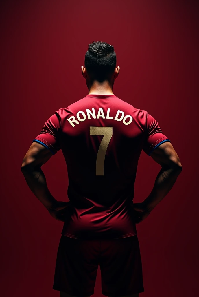 Make a Cristiano photo from a backside with red wine shirt with a name of FACIA_ABIDE SHIRT NO 7 and give a background that match with red wine colour