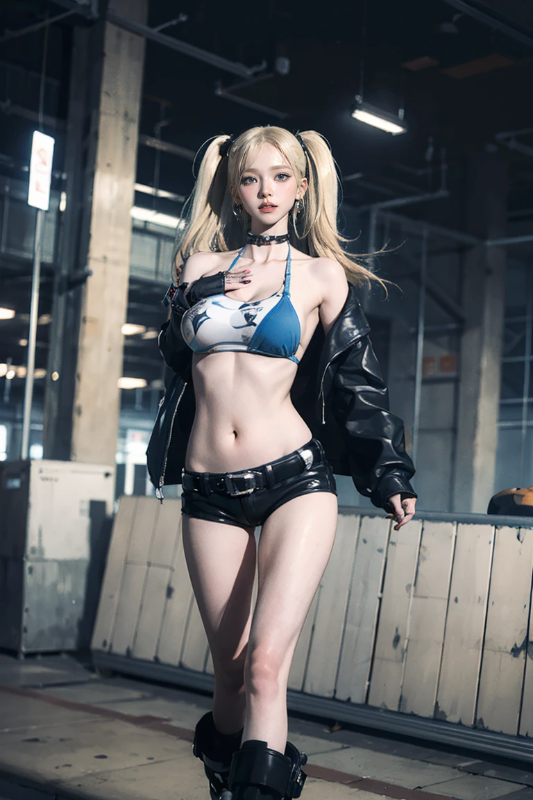 Realistic:1.2, Rocker girl in leather jacket,Slim figure、Large Breasts、 highly Realistic photograph, whole body, NSFW, Spiked clothing, White tank top、Navel exposed、Leather high leg bikini pants、tattoo, Earrings Dark lipstick, blue eyes, Blonde twin tails, Black Ribbon, Beautiful and perfect legs, Confident expression, Punk Style ,Dynamic pose, Dynamic Lighting, Bright colors, Large Breasts, (Adult female body), Tight waist, ((expensive))
