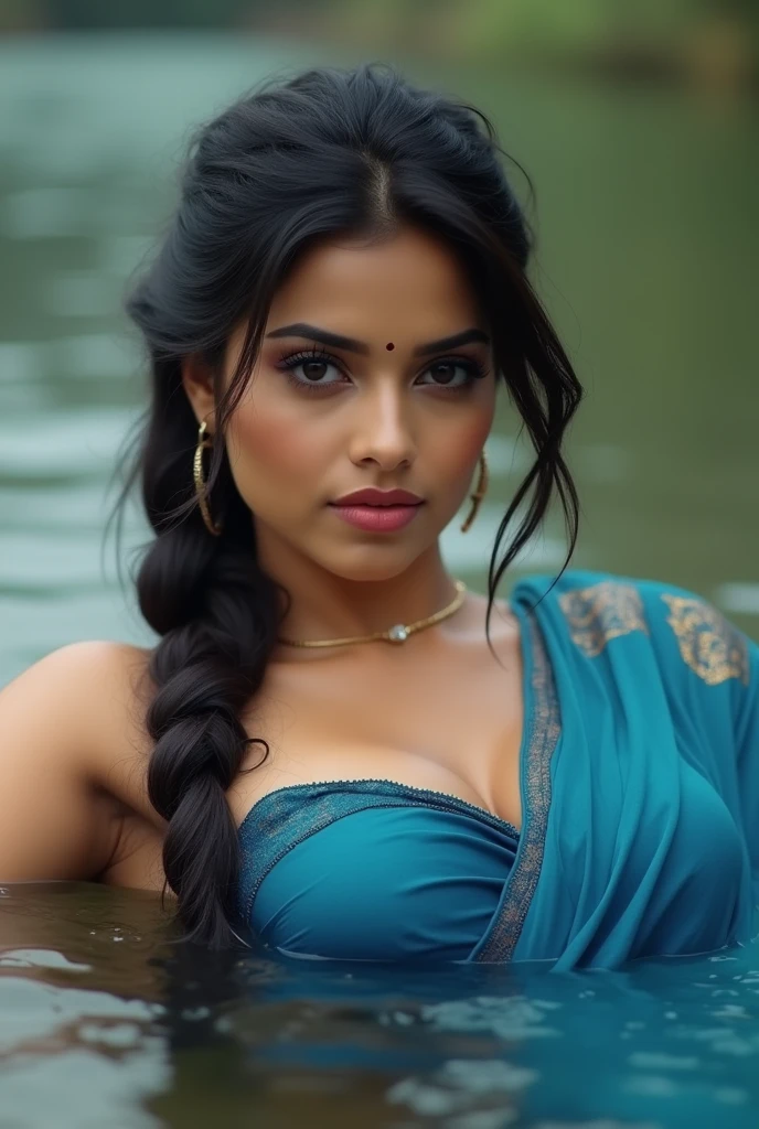 close up photo of 2 pooja hegde, doing hand to big penis lying on river, swooping breasts, deep cleavage, look at camera, blue saree, French braid hair, 4K, HD