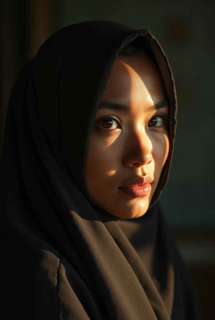 Javanese, Hijab, cleveage, reflected light, Chiaroscuro, Depth of Field, Movie Lighting, Ray Tracing, Sony FE GM, Ultra HD, Super Detail, masterpiece, Textured Skin, High Detail, best quality, The award-winning,3d,HDR(High Dynamic Range),Ray Tracing,nvidia RTX,Super Resolution,Unreal 5,Subsurface scattering、PBR Textures、Post-Processing、Anisotropic filtering、Depth of Fields、Maximum clarity and sharpness、Multi-layered textures、Albedo and Specular Maps、Surface Shading、Octane rendering accurately simulates the interaction of light and matter、Two-color light、Large aperture、Low ISO、White Balance、Rule of Thirds、8K raw data