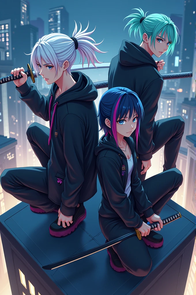 Create four young people, two girls and two boys, one of the boys has long white hair with cyan blue highlights, styled in a ponytail, The other boy has short mint green hair, a girl has medium black hair with blue highlights, the other girl has short white hair with pink highlights. The four young people wear black cyberpunk clothing and carry katanas., and pose heroically in an ambient mood on top of a building at night ANIME STYLE 