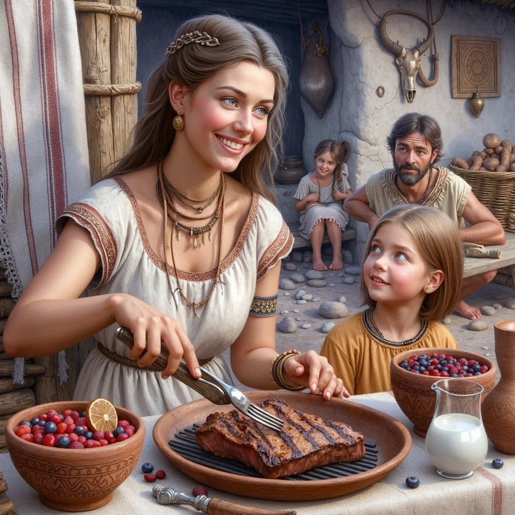 beautiful Neolithic female preparing dinner with grilled beef, boiled beans, berries and milk on pottery cups, friendly and content face expression, talking to her husband, teenage daughter and toddler son, detailed face, intricate Neolithic cozy home scene background, ultra photo realistic oil on canvas painting, wearing traditional clothing, with ancient pottery decorations, including a woven straw mat on the floor, with hand-carved wooden utensils