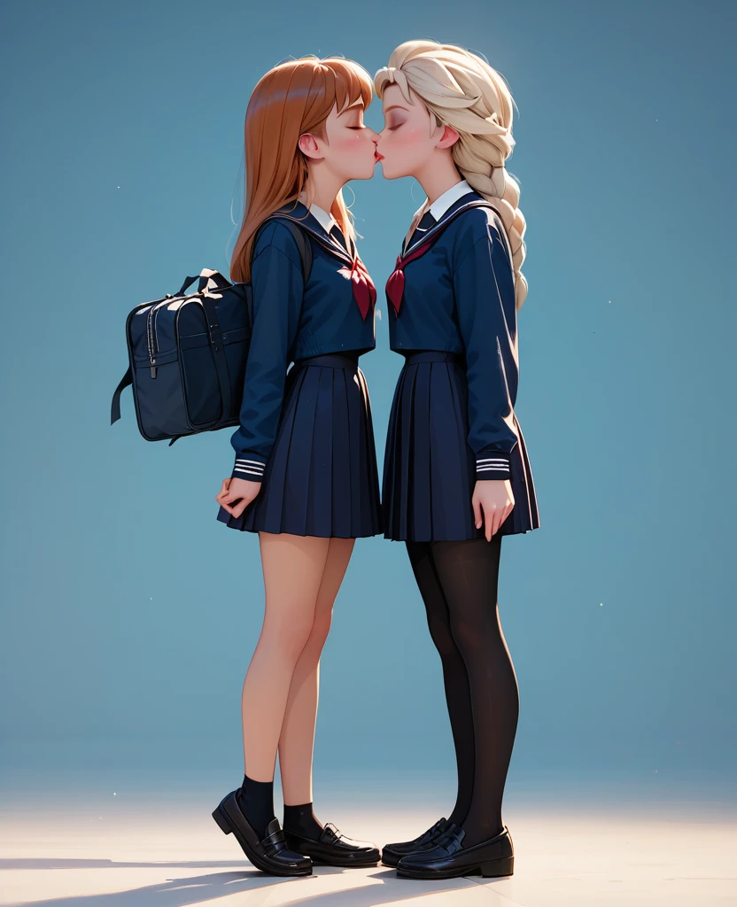 score_9, score_8_up, score_7_up, 2girls, 1girl (Anna) and 1girl (Elsa), side view, (full bodies in view), school uniforms, black school shoes, kissing