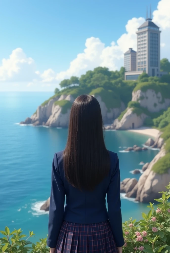 Panoramic photo of small English-style learning institute, modern, 
a teenager with her back turned, with elegant high-class school uniform, dark blue report, Very long hair, waist length hair, dark brown, brown skin, latina, brown skin seaArt style