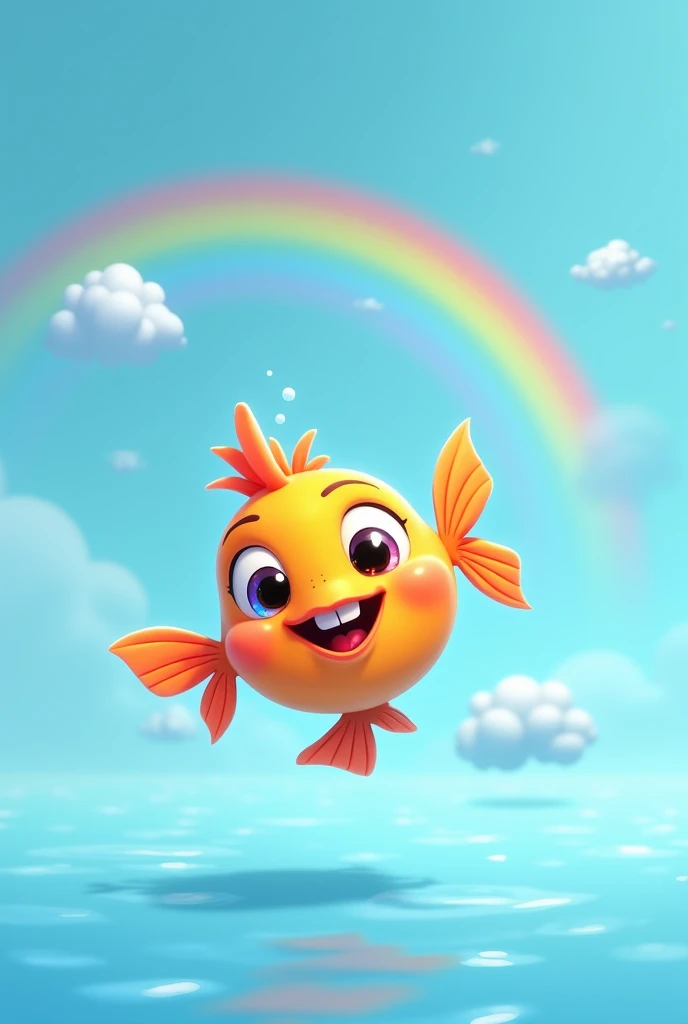 Imagine a cartoon style fish on a blue sky background and a basic rainbow 