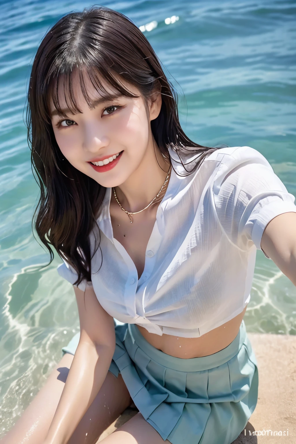 (8K), (Highest Quality: 1.2), (Realistic), (Realistic: 1.37), Ultra High Resolution, (Single Woman, Cute, Smiling, Mouth Closed, Thick Lips, Red Lips, Beautiful Details, Beautiful Nose, (Bob Hair), Selfie, (Uniform), Wet White Shirt, Pleated Skirt, From Above, Close-up of Face, Thin Necklace, (Medium Shot: 1.2), Sea Background, Beach, Seawater Wet Shirt Reveals Underwear.