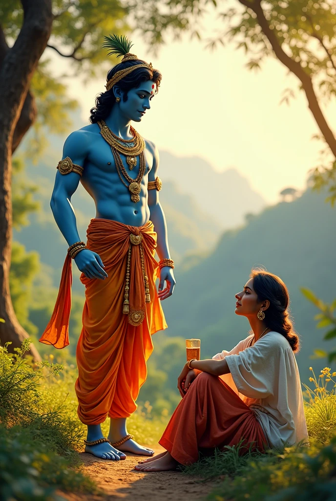 Create a image for janmastmi in which krishna ji stand and character "aman" sit casually dressed kurta