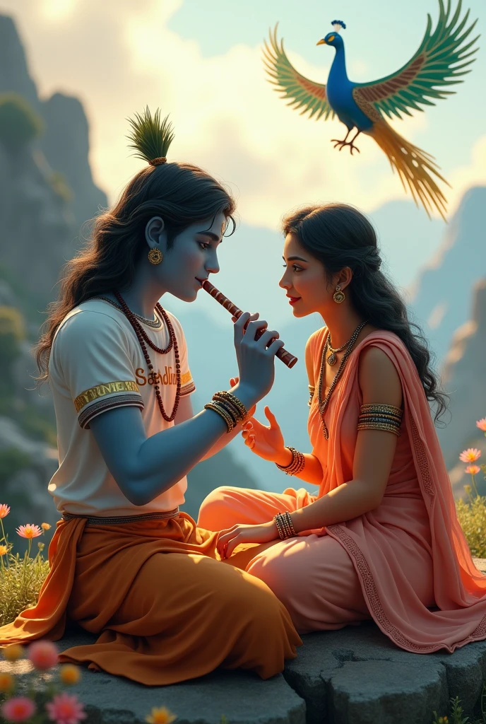 create a 3d image of 20year old Indian devotional girl who is sitting next to krishna ji and Krishna ji playing the flute, they both sit together on the mountain,boy wearing T-shirt Name "sandhya" written on it, heaven like beautiful view background, peacock dancing,realistic image and boy is in barefoot.
