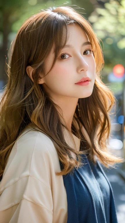 (8k, highest quality, masterpiece: 1.4), Super detailed, highest quality, Ultra-high resolution, Depth of written boundary,(Photorealistic:1.4,RAW shooting,)Ultra-Realistic Capture,(Very detailed,High definition 16K), cute, girl, Brown Hair, (In town:1.4), (Sunlight filtering through the trees:1.4), (Tokyo Street:1.4), Japanese, 1 girl, Mr.々A pose, Wavy Hair, (face,front), indoor, Sunlight streaming through the window