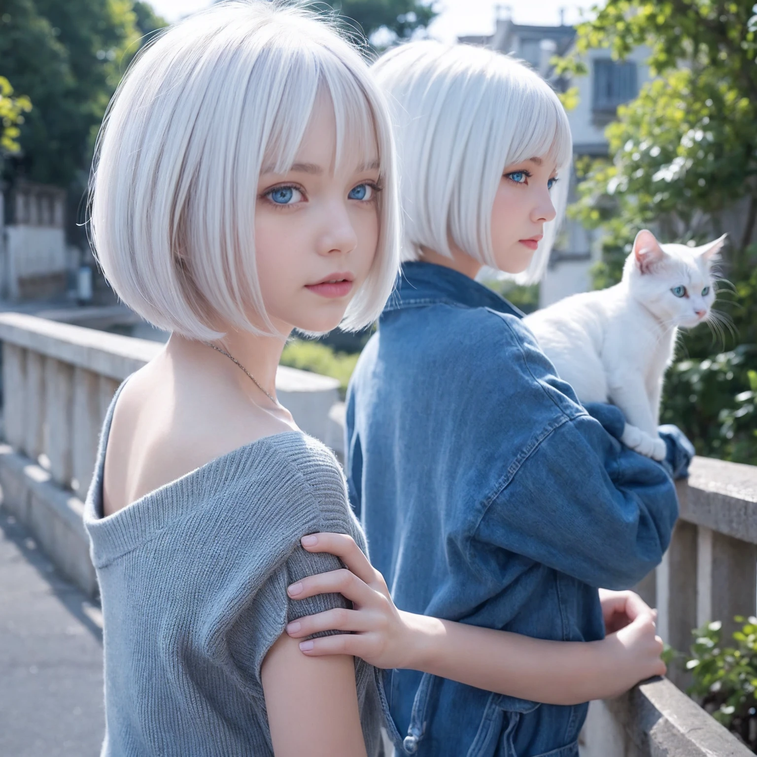 1girl, white hair, bob cut, cat pose, simple back ground, blue eyes, 