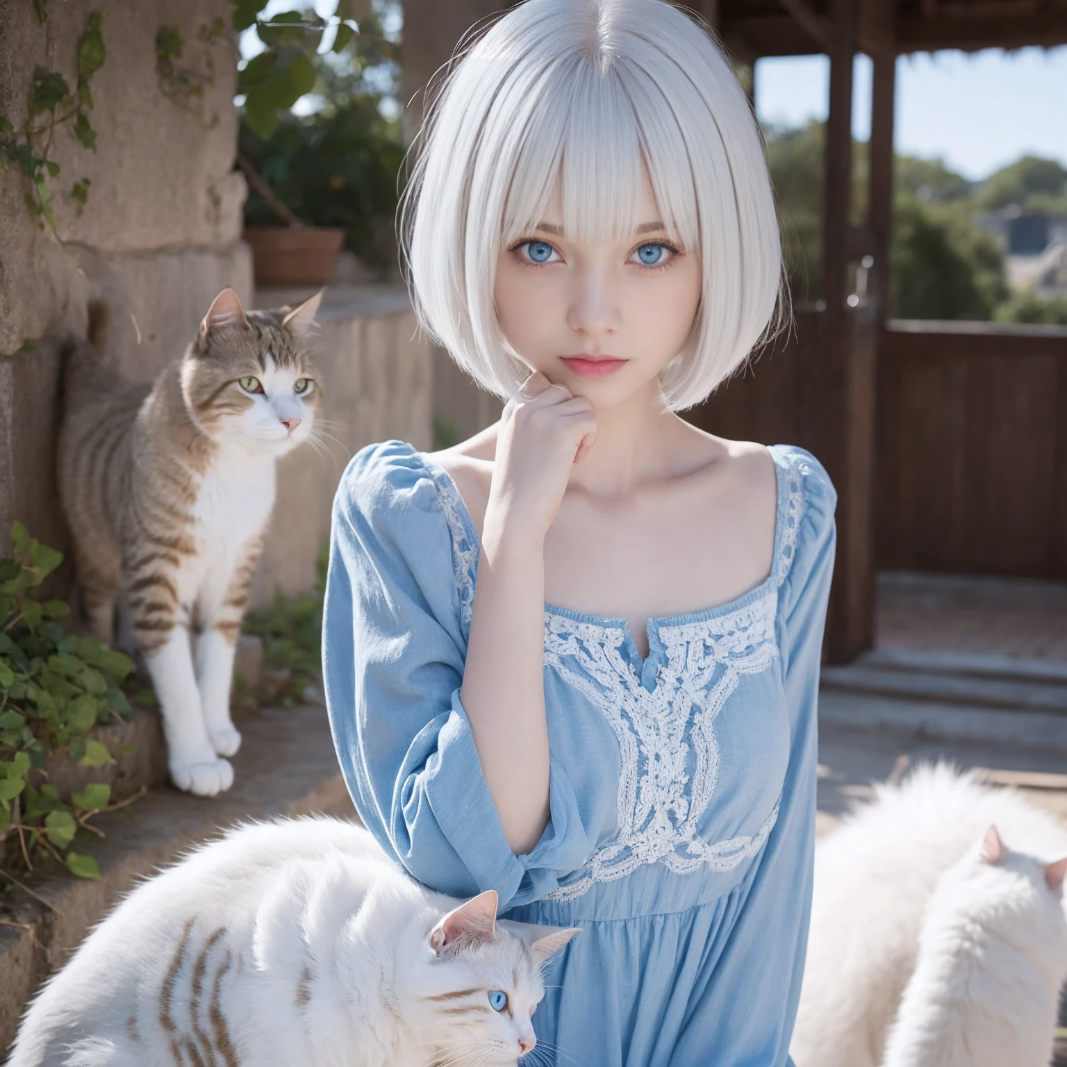 1girl, white hair, bob cut, cat pose, simple back ground, blue eyes,