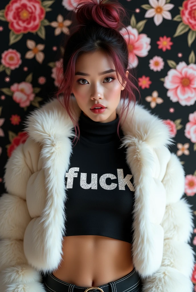 beautiful tanned japanese woman, wearing a designer fur puffer crop white jacket , and floral (pink rose, red, silver, on black background) fabric turtle neck t-shirt underneath the coat, write "FUCK" on t-shirt, , thick eyebrows, photorealistic, masterpiece, moncler, messy bun pink highlighted hair, open the jacket, lips pouting, pouts, Floral wallpaper on black background, glitters and particles and nice lighting, UHD, HDR, 8k, Masterpiece
