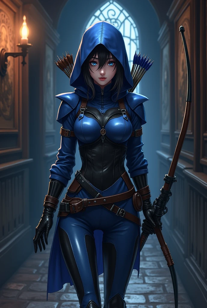 The spy girl, anime style, combat bow, quiver of arrows, blue leather armor, black leather corset, gloves, Hood, Leather belt, Blue eyes, dark corridor of the castle, Middle Ages, Dark colors