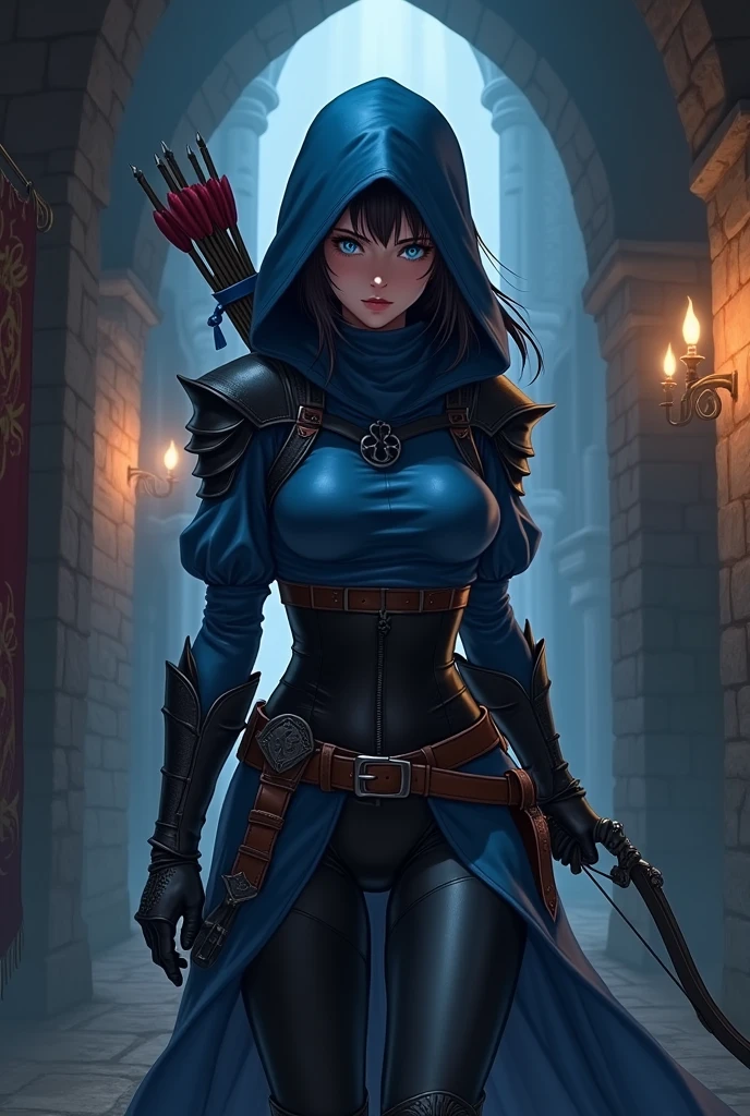 The spy girl, anime style, combat bow, quiver of arrows, blue leather armor, black leather corset, gloves, Hood, Leather belt, Blue eyes, dark corridor of the castle, Middle Ages, Dark colors