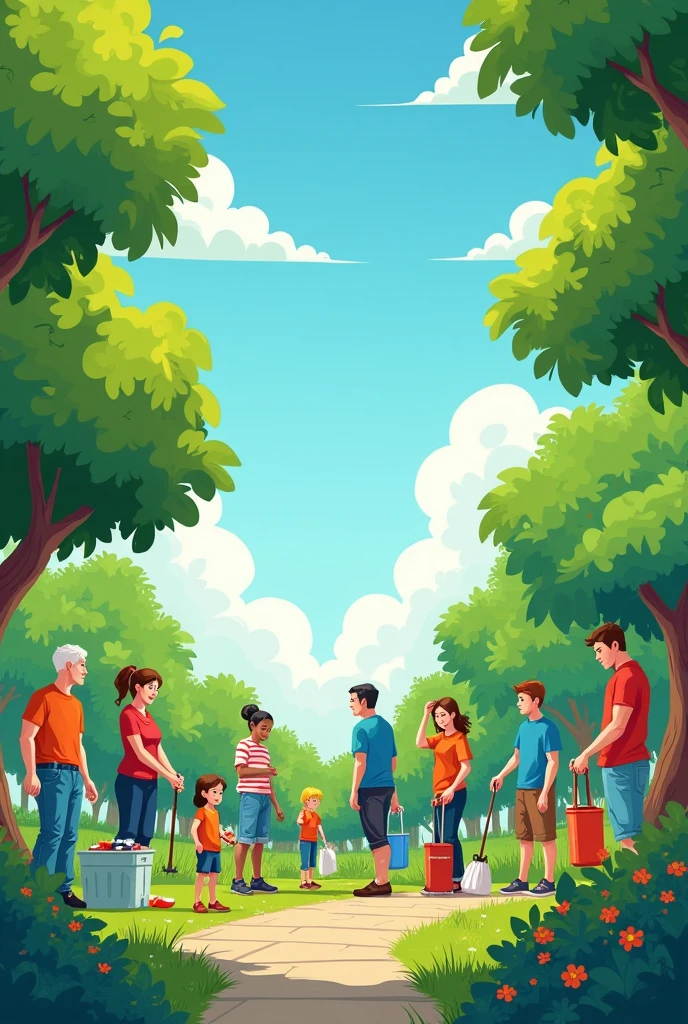 The poster features a vibrant, lush green park with people of various ages enjoying the outdoors. In the foreground, a diverse group of individuals is seen picking up litter and recycling. The background shows a clear blue sky and healthy trees. The message reads: "Keep Our Earth Clean for a Brighter Tomorrow. Reduce, Reuse, Recycle."