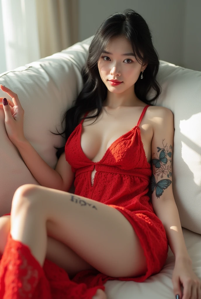 Chinese girl, white skin, shaggy breasts, big breast, 2,  happpy face, thick body, sexy body, curvy waist, sunny morning, milky white skin, a butterfly tattoo on the shoulder back, a big flower tattoo on the thigh, there is a text tatoo says "Thasya" on the lower arm, sexy red knitted gown, lying comfortably, on the white sofa, spread the legs, nakeness, full body, beautiful nail arts, thin pubic hair, wide open her legs, black hair, straight hair, sexy toe, camera from bottom, full body from toe to head, full body on frame, left hand covers right breast