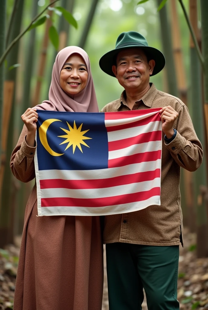 A husband and wife farmer wearing green shirts holding a malaysian flag wife wearing a white headscarf husband wearing a green cap