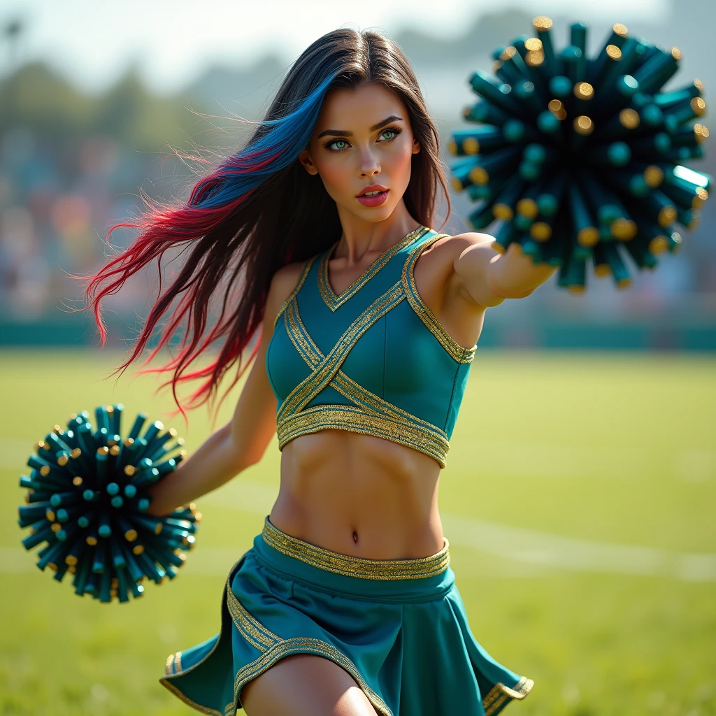 Photorealistic 8k full view in the field in a teal and gold cheerleading to and skirt  outfit with teal and gold pom poms beautiful Italian American woman, blue eyes, long black and red ombre hair with blue highlights,