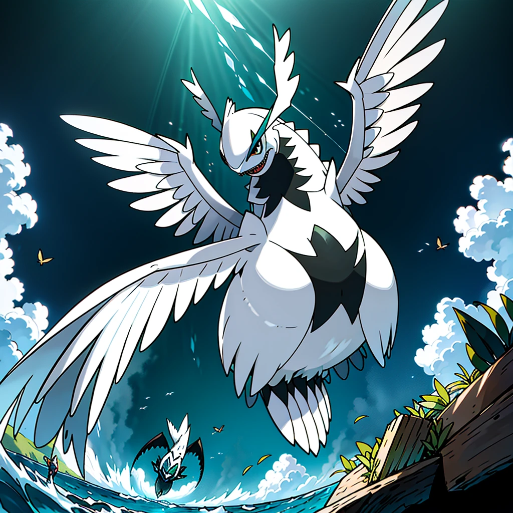 masterpiece, high quality, ultra high resolution, a pokemon style insect-typed mixed of a leafcutter ant, a harpy eagle and a great white shark flying