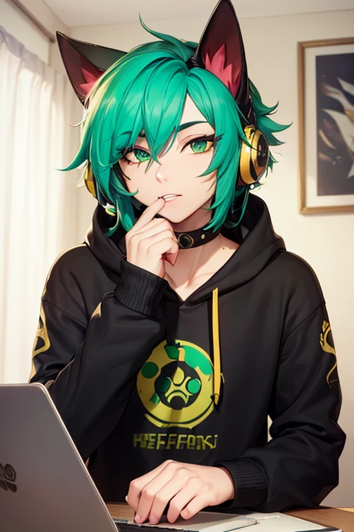 (work of art, Maximum quality, best qualityer, offcial art, beautiful and aesthetic:1.2) Uma Furry Dragão Gamer, Using a Black and Gold Headset, Long Light Green Hair, Caucasian skin, gold eyes, Wearing a Black Sweatshirt and Dark Blue Jeans.