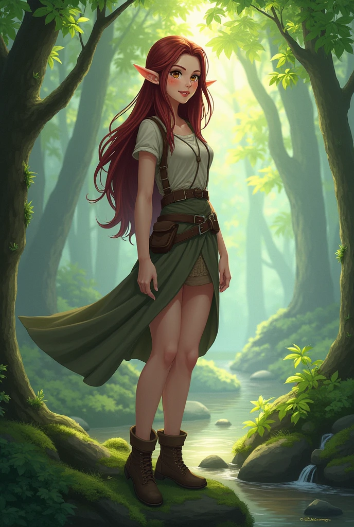 Elf  woman, neutral skintone, in a forest, wearing adventurer clothes, burgundy long layered hair, brown eyes. Anime. 