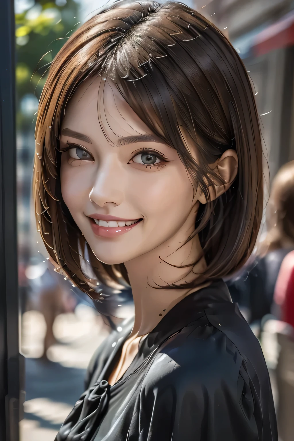 ((masterpiece)), ((Highest quality)), ((Complex)), ((Surreal)), (Realistic), (Mature Woman), ((No classes)), Very detailed, (1 female), Beautiful and exquisite, (Beautiful Teeth), Grin, Brunette bob hair, Brown eyes, ((blouse)), (Upper Body), (background:none), Perfect Eyes, Captivating eyes, Looking at the audience