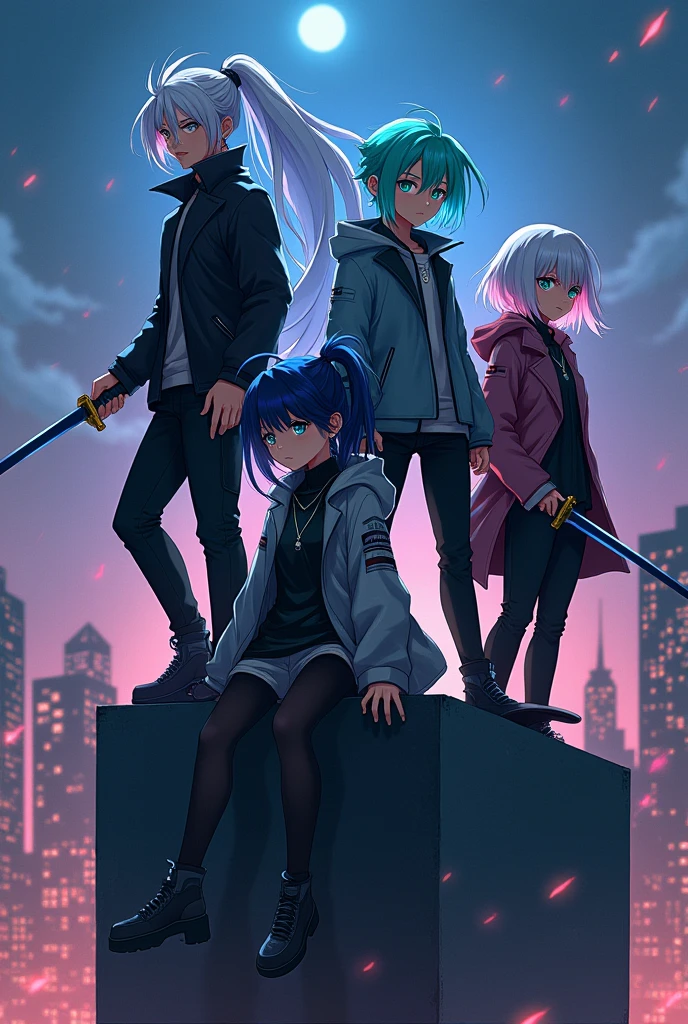 Create four young people, two girls and two boys, one of the boys has long white hair with cyan blue highlights, styled in a ponytail, The other boy has short mint green hair, a girl has medium black hair with blue highlights, the other girl has short white hair with pink highlights. The four young people wear black cyberpunk clothing and carry katanas., and pose heroically in an ambient mood on top of a building at night ANIME STYLE 