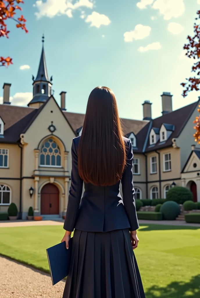 Panoramic photo of small English-style learning institute, a teenager with her back turned, with elegant high-class school uniform, dark blue report, Very long hair, Waist length hair, dark brown, brown skin, latina seaArt style