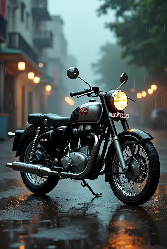 Royal Enfield standing in raining

