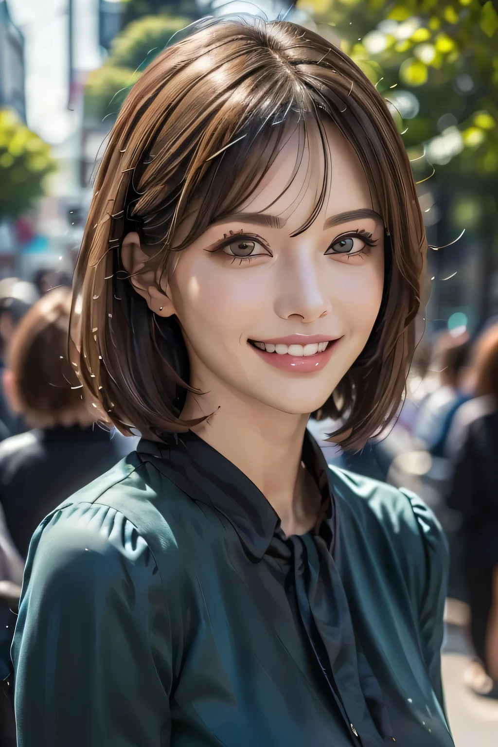 ((masterpiece)), ((Highest quality)), ((Complex)), ((Surreal)), (Realistic), (Mature Woman), ((No classes)), Very detailed, (1 female), Beautiful and exquisite, (Beautiful Teeth), Grin, Brunette bob hair, Brown eyes, ((blouse)), (Upper Body), (background:none), Perfect Eyes, Captivating eyes, Looking at the audience