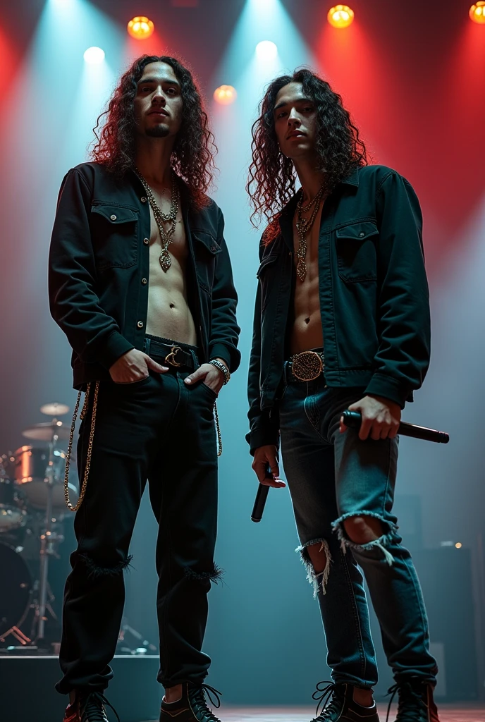 Photography of a 2 Asian guy with long curly hair wearing a black jacket with tattoos, ripped jeans, chain accessories, boots, holding a mic on stage in a concert atmosphere