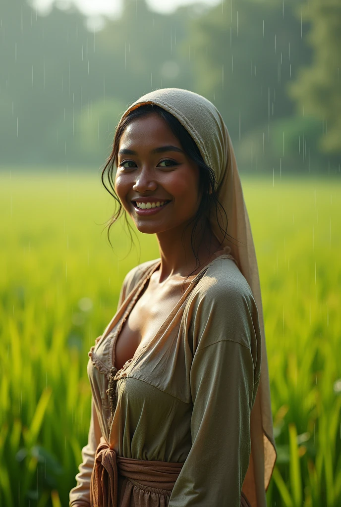 Raw, best quality, high resolution, masterpiece: 1.3), Beautiful Malay woman in green:0.8),cleveage, Raw, best quality, high resolution, masterpiece: 1.3, Beautiful Malay hijab girl, masterpiece, Gentle smile,Beautiful Malay woman wearing a light-colored headscarf in the rice fields, Bright sunshine, ankle length dress, shawl, Long-sleeved shirt, Bright clothes, Dark Skin, high resolution,4K,HDR,1 Girl, photoPractical, Practical,Sweat glands skin, Thin face, Large Breasts, Perfect makeup, big eyes, Glossy lips, Gentle smile, Gentle , cleveage, portrait, Movie, Practical, photo, Standing in a rice field, Dirt on clothes, Mud on boots, It's raining heavily, Wet, It's raining heavily,