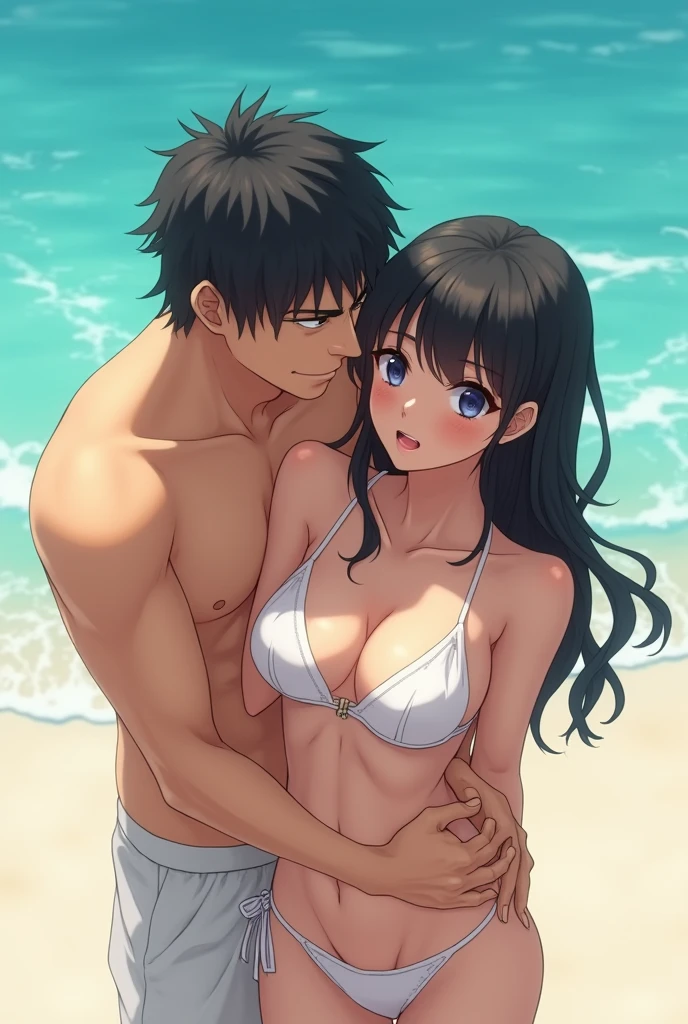 (high quality), anime girl, black long hair, no clothes, blushing face, big breasts, beach, anime boy holding girl's breast, 