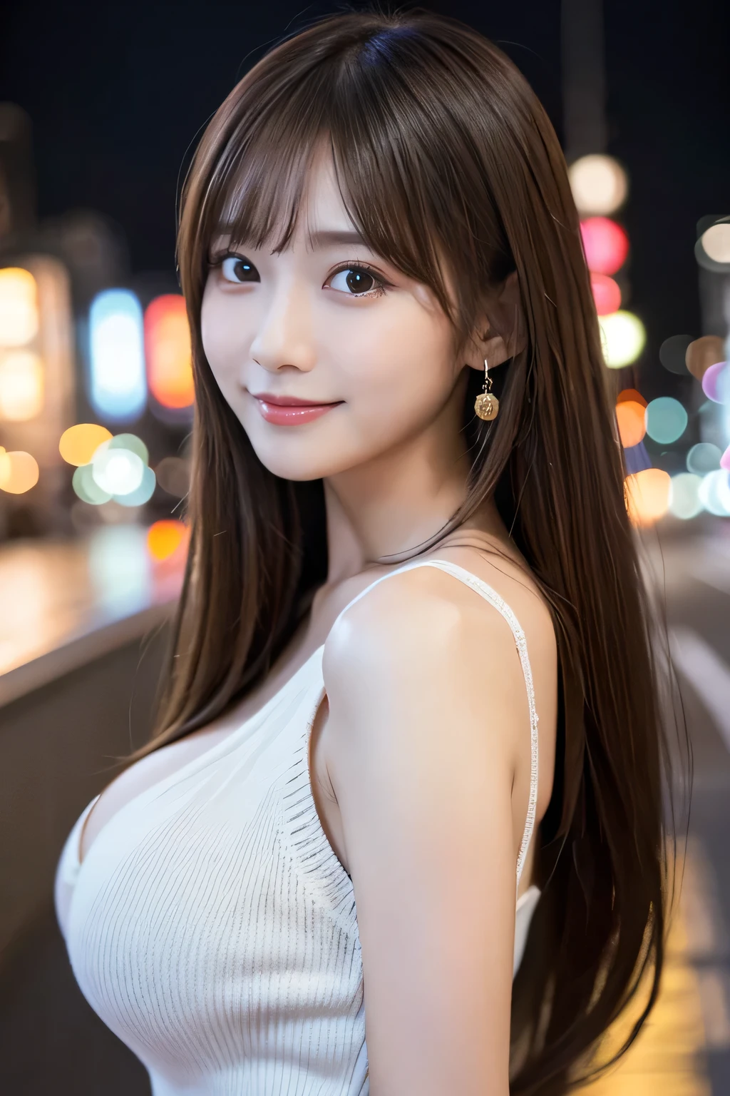 masterpiece、1 beautiful girl、Detailed eyes、Puffy eyes、Highest quality, 超High resolution, (Reality: 1.4), Cinema Lighting、Japanese、Asian Beauty、Super Beauty、Beautiful Skin、Slender、Body facing forward、(Surreal)、(High resolution)、(8k)、(Very detailed)、(Beautiful and detailed eyes)、(Ultra-detailed)、 (wall-)、Detailed face、Bright lighting、Professional Lighting、View your viewers、Look straight ahead、(The costume is a knit dress)、Long Hair, My hair is messy, Asymmetrical bangs, 、Night Scenery、Brown Hair、Japan is an idol、Korean Idol、Gravure idol pose、Age 18、expensive, smile、Large Breasts, 