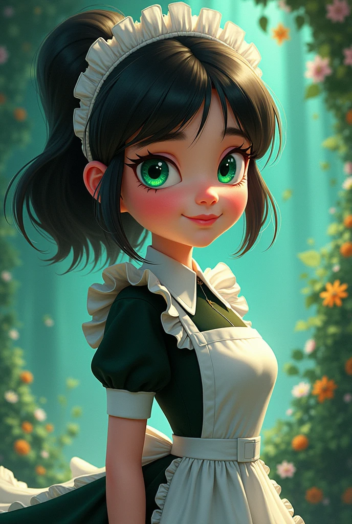 Art style of Star vs of Evil 
A girl character with black as ebony and white as snow with green yet mesmerizing eyes young maid