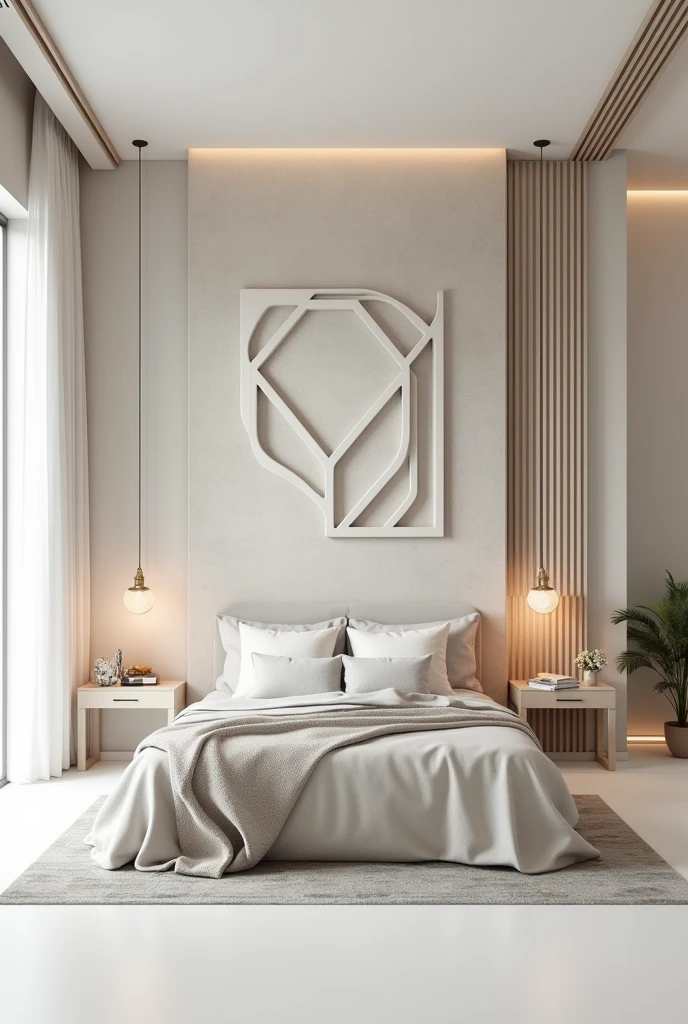 Modern bedroom design with white floor and broad complex backborad with asthetic vibes.
