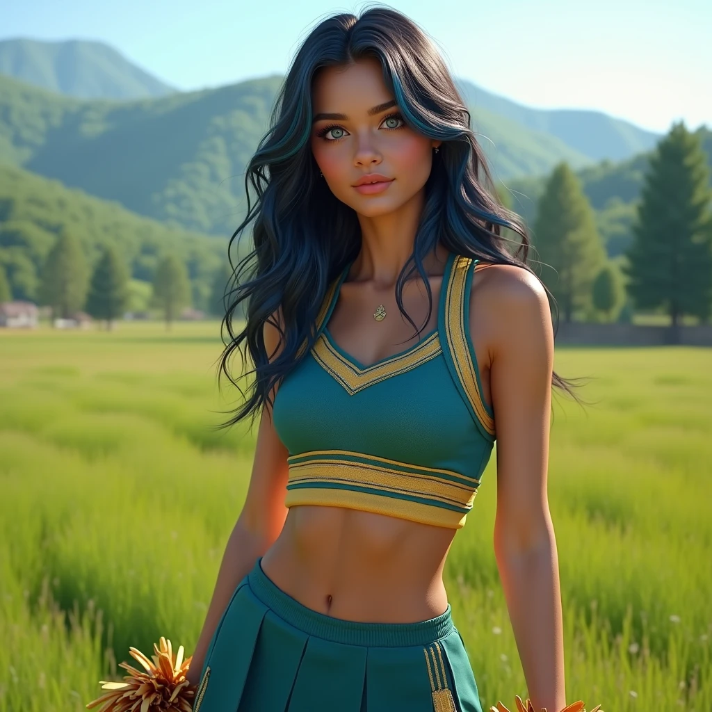 Photorealistic 8k full view in the field in a teal and gold cheerleading low top and skirt outfit with teal and gold pom poms beautiful Italian American woman, blue eyes, long black and red ombre hair with blue highlights,
