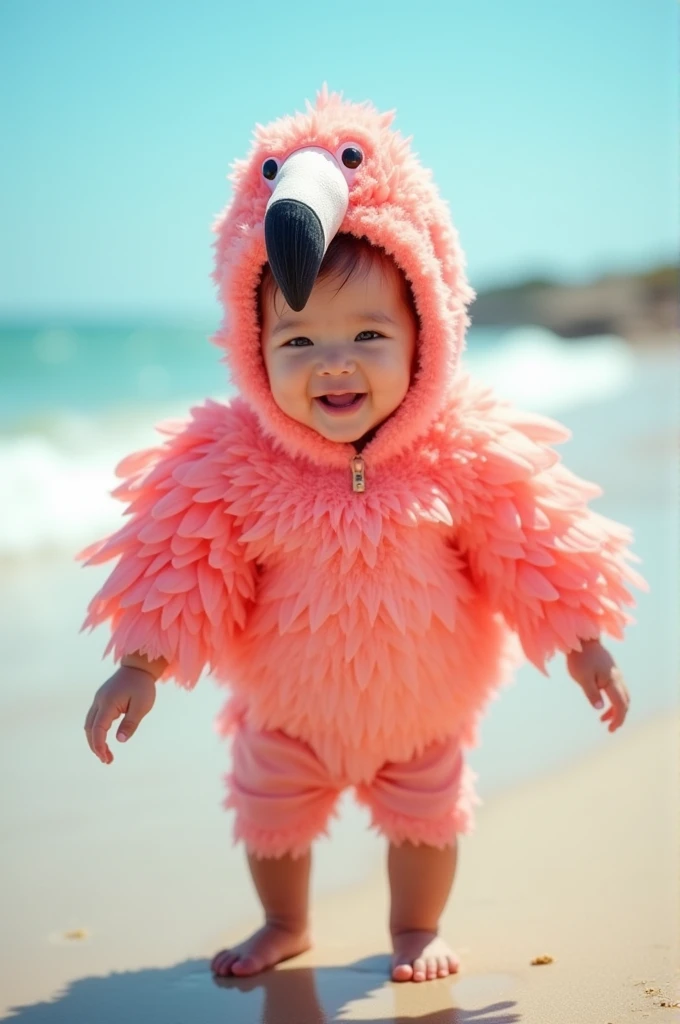 baby in a flamingo costume walking in the beach happy, brave, magical, cute