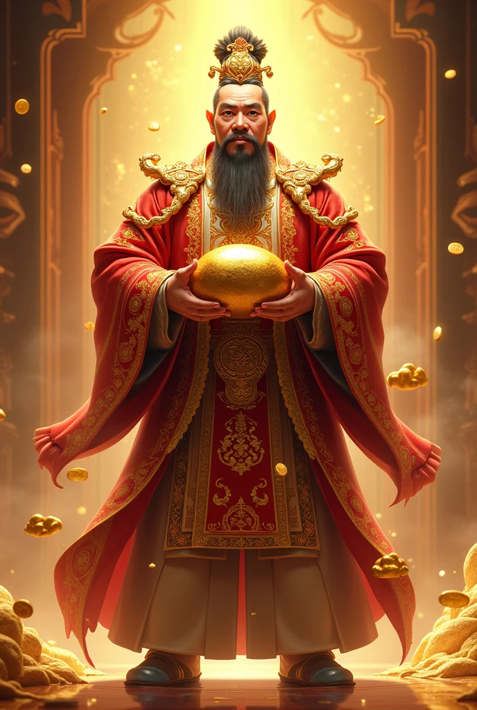 god of wealth(Tsai Shen)、Middle-aged man、Hall々Standing with a stern look。He had a dignified expression on his face.、She is wearing a gorgeous outfit with gold and red as the main colors.。The costume is decorated with intricate gold embroidery.、The design is dotted with symbols of abundance and prosperity.。god of wealthの右手には大きな金塊を持ち、In his left hand he holds a mallet。There was gold around him、There are gold coins scattered on the ground。In the background、Shining golden light radiates、It creates a mysterious and luxurious atmosphere.。god of wealthの周りには小さな金色の雲が漂い、The whole place exudes a luxurious and sacred aura.。